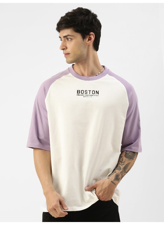 Maniac Mens Printed Round Neck Ragalan 3/4th Sleeve White and Purple Cotton Oversized Tshirt  - Image 1