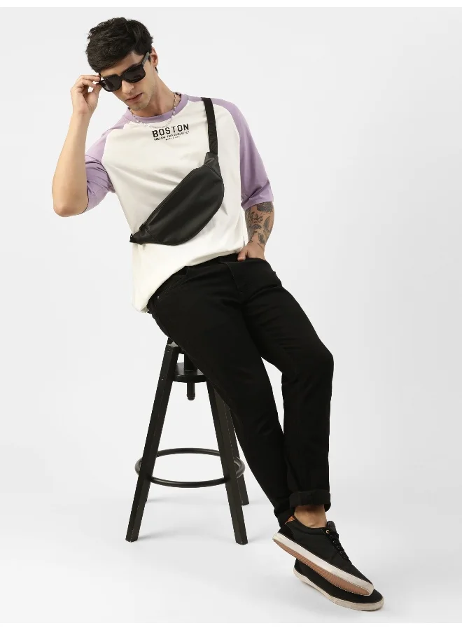 Maniac Mens Printed Round Neck Ragalan 3/4th Sleeve White and Purple Cotton Oversized Tshirt
