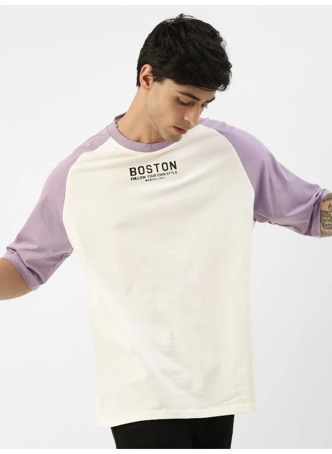 مانياك تيشيرت قطن أوف سايز رجالي بطبعة، ياقة دائرية، أكمام 3/4، أبيض وبنفسجي