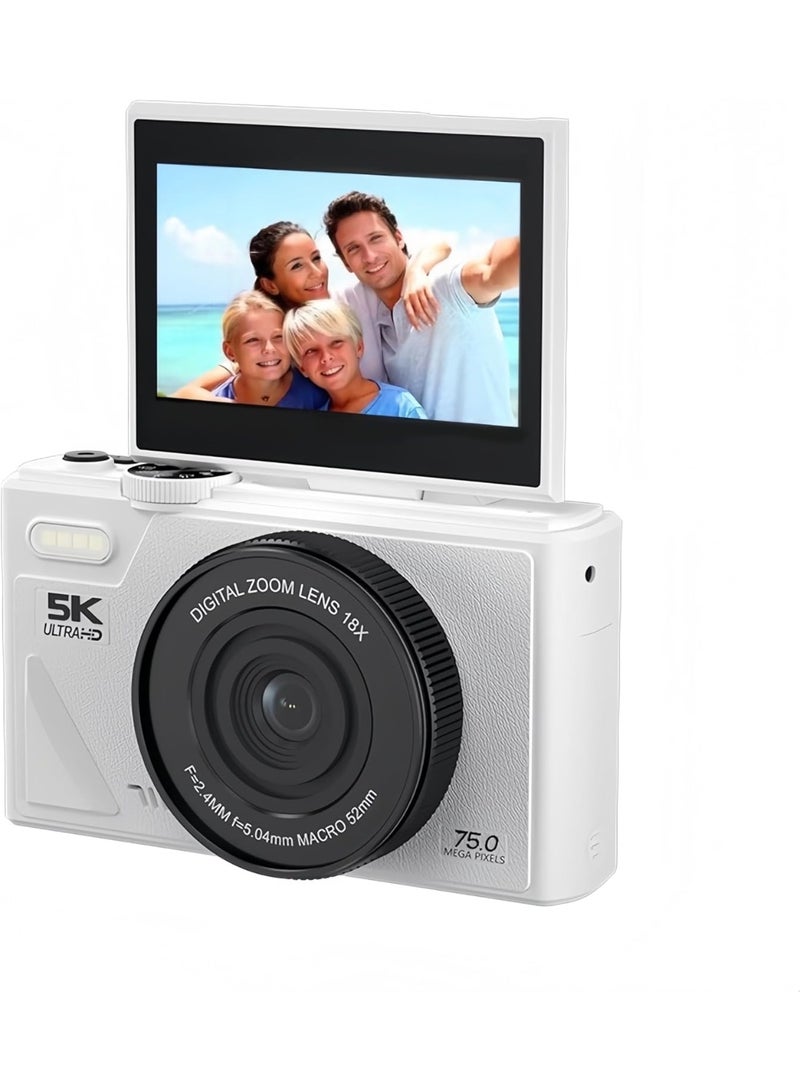 هالامين كاميرا رقمية، كاميرا رقمية، كاميرا مدونة فيديو بدقة 5K، كاميرا رقمية للأطفال بدقة 75 ميجابكسل مع بطاقة TF بسعة 64 جيجابايت، تكبير 18X، للأطفال الأولاد والبنات (أبيض) - Image 5
