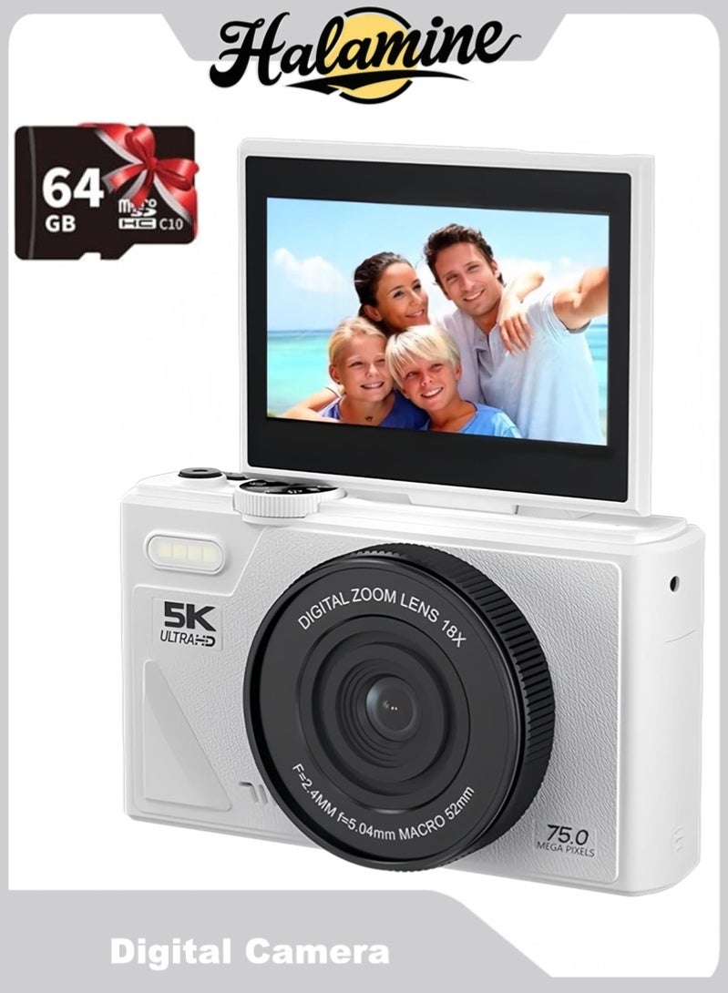 هالامين كاميرا رقمية، كاميرا رقمية، كاميرا مدونة فيديو بدقة 5K، كاميرا رقمية للأطفال بدقة 75 ميجابكسل مع بطاقة TF بسعة 64 جيجابايت، تكبير 18X، للأطفال الأولاد والبنات (أبيض) - Image 1