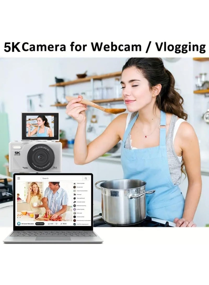 هالامين كاميرا رقمية، كاميرا رقمية، كاميرا مدونة فيديو بدقة 5K، كاميرا رقمية للأطفال بدقة 75 ميجابكسل مع بطاقة TF بسعة 64 جيجابايت، تكبير 18X، للأطفال الأولاد والبنات (أبيض) - Image 2