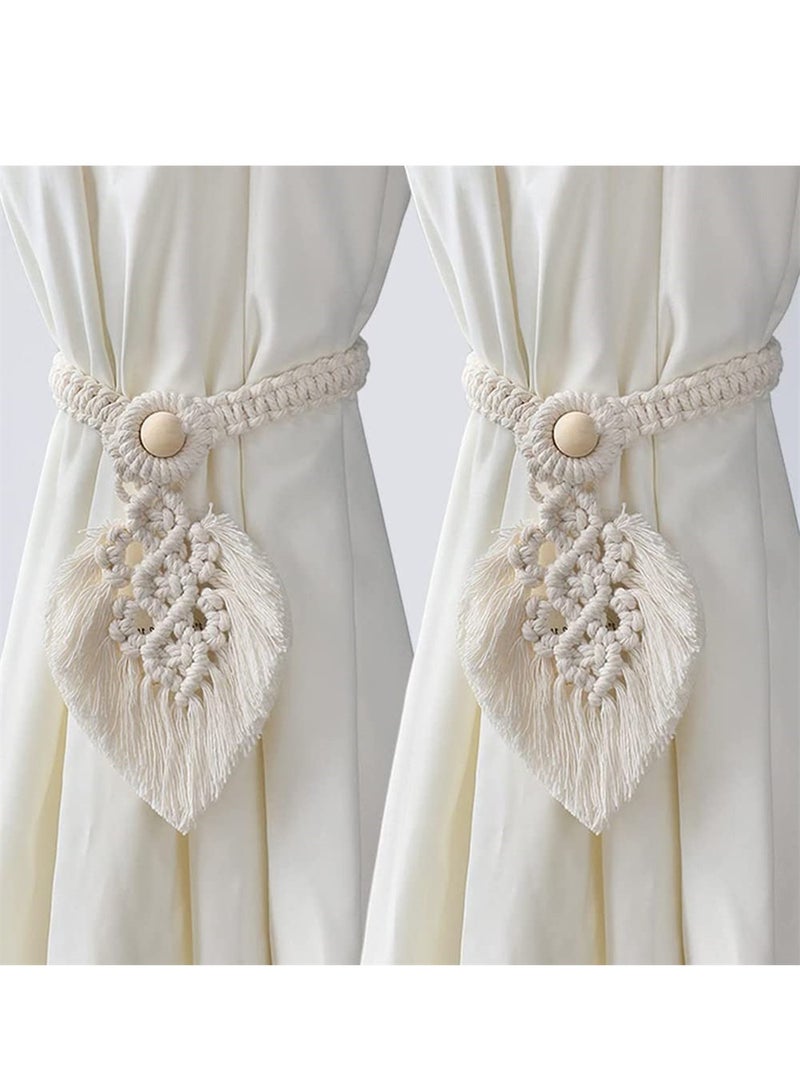 Excefore 2 Pack Boho Curtain Tiebacks, Hand Knitting Cotton Curtain Holdbacks with Adjustable Natural Wooden Bead Woven Cotton Rope, Bohemian Home Decor Drapery Holdback for Home Office Decorative - Image 4