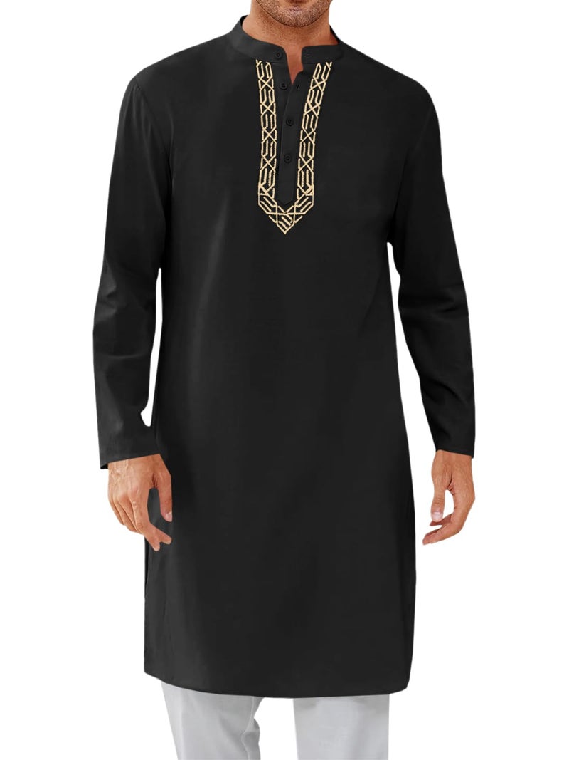 Runcati Mens Kaftan Thobe Button Down Casual Henley Shirts Long Sleeve Robe Cotton Linen Muslim Gown Shirt Black - Image 1