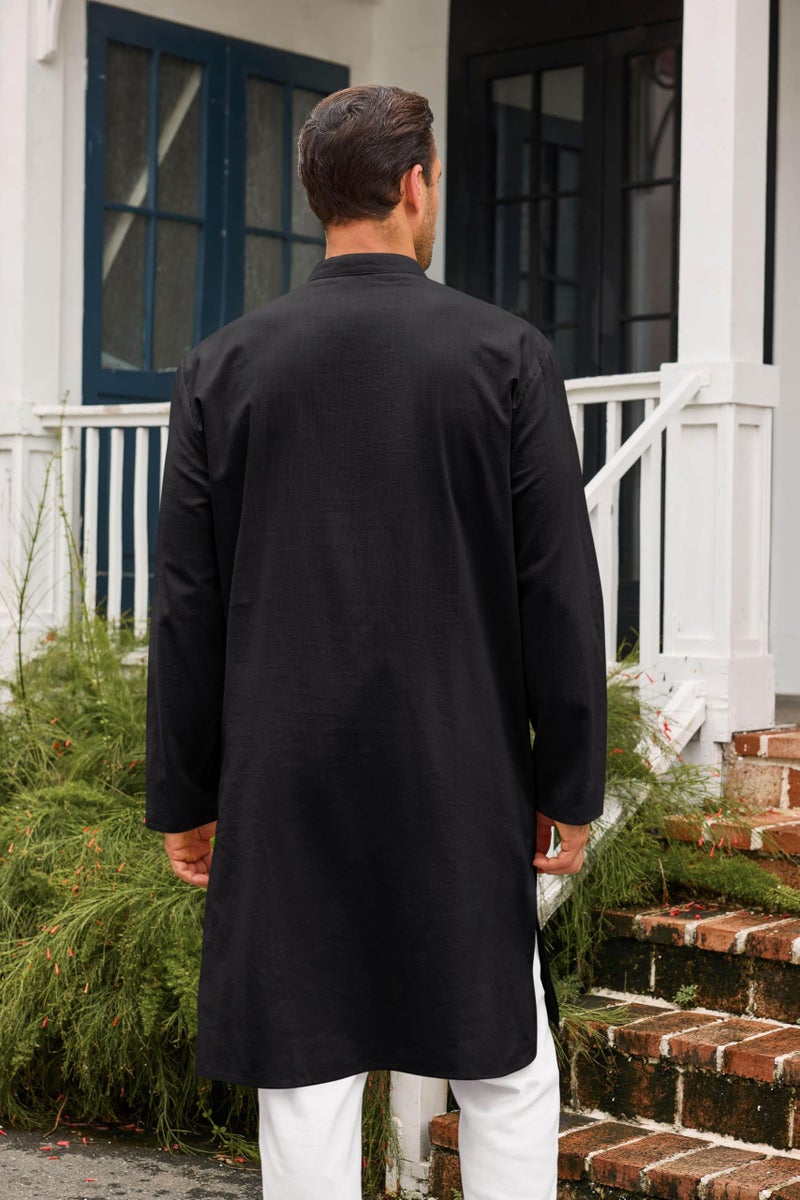 Runcati Mens Kaftan Thobe Button Down Casual Henley Shirts Long Sleeve Robe Cotton Linen Muslim Gown Shirt Black - Image 3