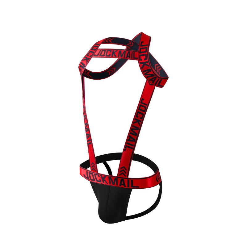 JOCKMAIL Mens Harness Sport Shoulder Strap with Jock Strap Fitness One-piecs Mens Harness with Jockstrap Bodysuit (red, M) - Image 1