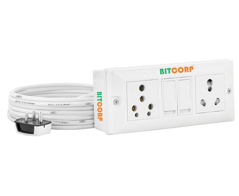 Bitcorp Extension Board Heavy Duty Box 16A with Thermal Protection 2 Socket 2 Switch 2500 Load Capacity Surge Protection with 2 Meter Long Cable Cord Wall Mount White - Image 1