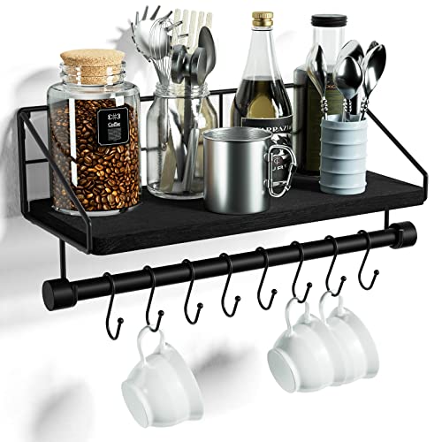 Alsonerbay Kitchen Shelf Wall Mounted Wood Floating Wall Shelves with Hooks Rustic Shelf with Towel Bar for Bathroom Bedroom Living Room Black