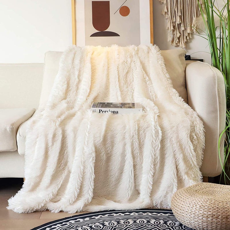 Tuddrom Decorative Extra Soft Faux Fur Blanket Queen Size 80"x90",Solid Reversible Fuzzy Fluffy Plush Fur Blanket for Couch Sofa Bed,Cream White - Image 1