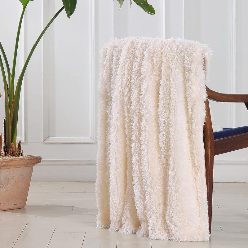 Tuddrom Decorative Extra Soft Faux Fur Blanket Queen Size 80"x90",Solid Reversible Fuzzy Fluffy Plush Fur Blanket for Couch Sofa Bed,Cream White - Image 4