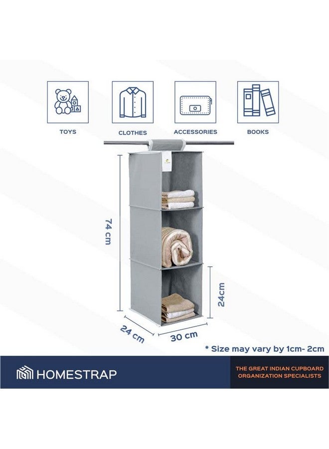HomeStrap منظم خزانة معلق بـ 3 رفوف من هومستراپ | شماعة تخزين مصنوعة من قماش غير منسوج متين مع خشب مصمم | حل تخزين أنيق لخزانة الملابس | رمادي (عبوة من 1) - Image 3