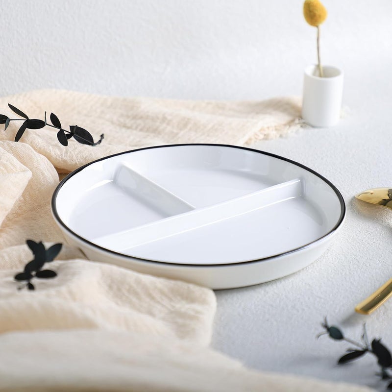 SOCOSY طبق سيراميك مقسم 3 حجرات للتحكم في الحصص أطباق مقسمة طبق حلوى مقسم طبق سلطة طبق عشاء أطباق وجبات خفيفة صواني مقبلات 1 قطعة أبيض 8 بوصة - Image 3