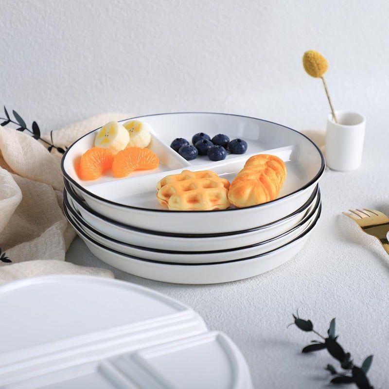 SOCOSY طبق سيراميك مقسم 3 حجرات للتحكم في الحصص أطباق مقسمة طبق حلوى مقسم طبق سلطة طبق عشاء أطباق وجبات خفيفة صواني مقبلات 1 قطعة أبيض 8 بوصة - Image 5