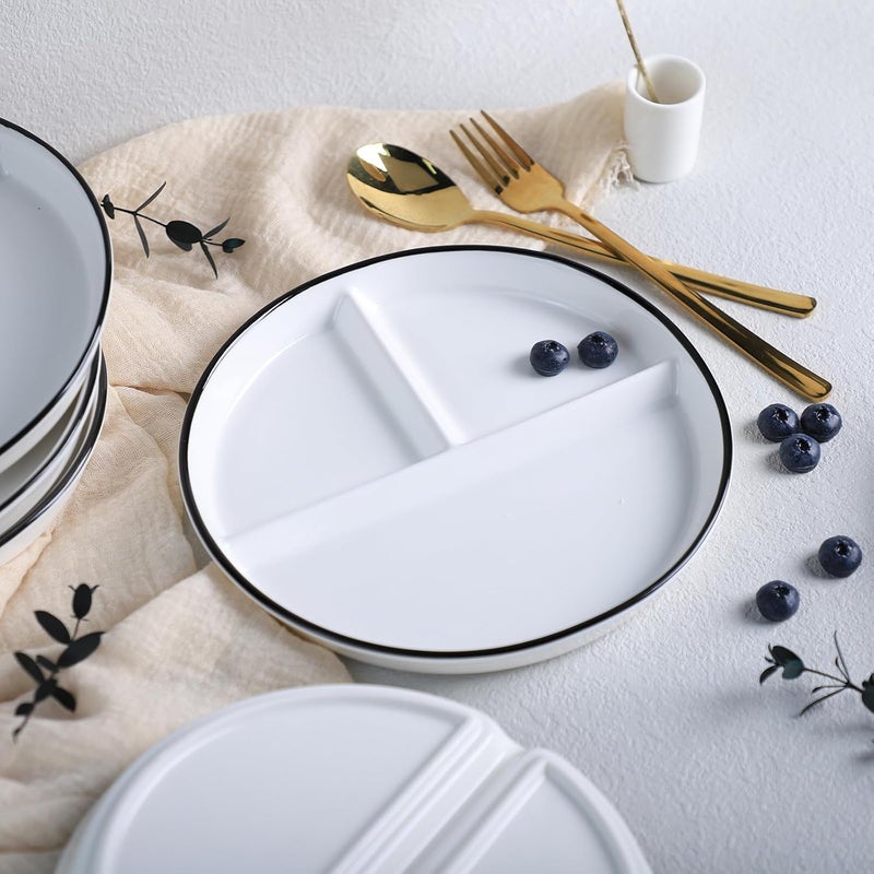 SOCOSY طبق سيراميك مقسم 3 حجرات للتحكم في الحصص أطباق مقسمة طبق حلوى مقسم طبق سلطة طبق عشاء أطباق وجبات خفيفة صواني مقبلات 1 قطعة أبيض 8 بوصة - Image 4