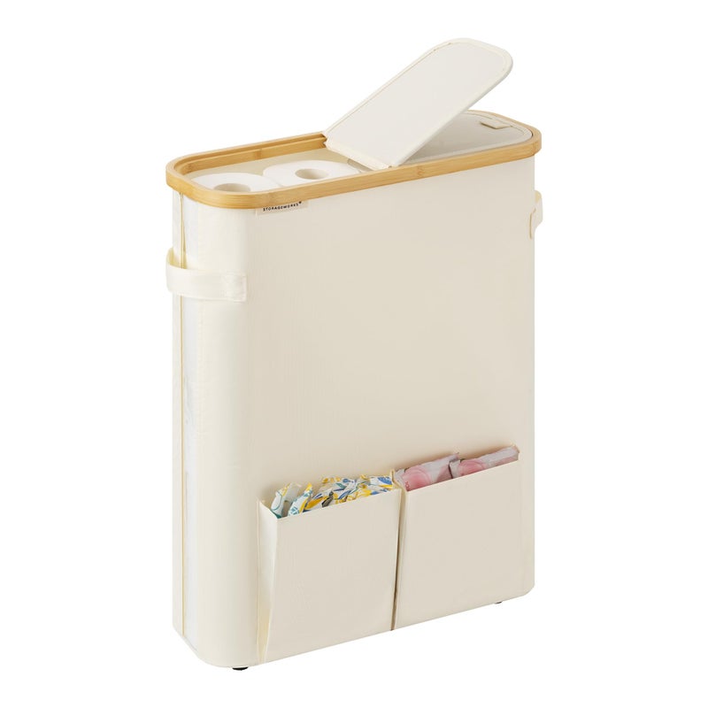 StorageWorks Toilet Paper Storage Baskets with Dual Flip Lids, Toilet Paper Organizer for Bathroom, Toilet Paper Container with Side Pocket, Holds 15 Mega or 20 Regular Rolls, Large, Beige - Image 1