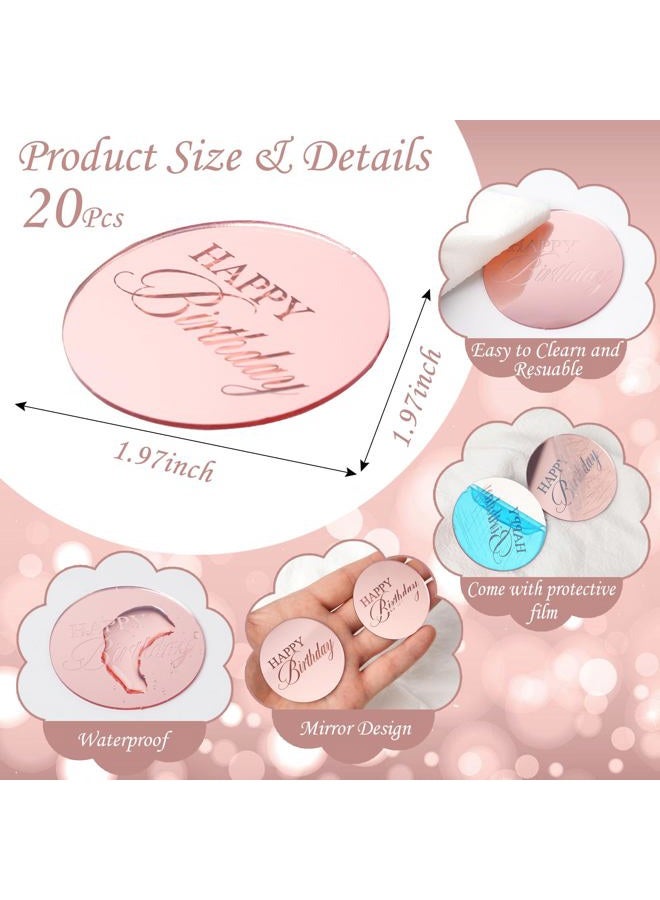 Wolpark 20pcs Pink Mirror Acrylic Cupcake Toppers Acrylic Engraved Cake Picks Cupcake Disc Happy Birthday Cake Decoration Round Shape for Princess Theme Baby Shower Party Supplies - Image 2