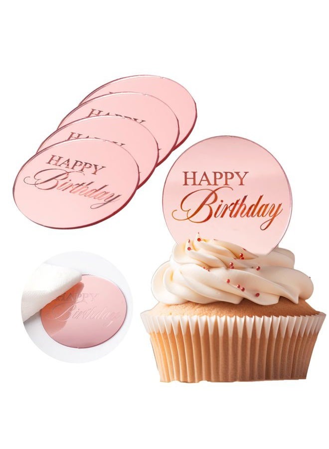 Wolpark 20pcs Pink Mirror Acrylic Cupcake Toppers Acrylic Engraved Cake Picks Cupcake Disc Happy Birthday Cake Decoration Round Shape for Princess Theme Baby Shower Party Supplies - Image 1