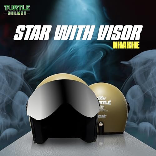 Turtle Helmet Star with Visor Half Face with Scratch Resistive Silver Visor & Hard Shell ABS Plastic Helmet, Khaki, Small Size, (S-56 cm) - Image 2