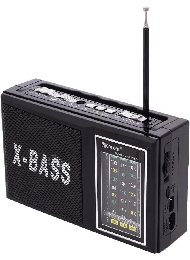 Golon - Rx-177 Radio Am-Fm-Sw With 2 Emergency Led Light, Support Sd Card And Flash Memory Works With 220V, Battery And Contains Rechargeable Battery - Black - Image 1