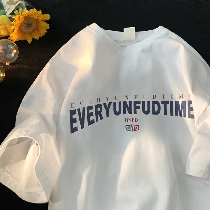 2024 Cotton Men'S Short Sleeve T-Shirt New Simple Letter Print Hong Kong Style Loose Korean Style Couple Half Sleeve T-Shirt - Image 1