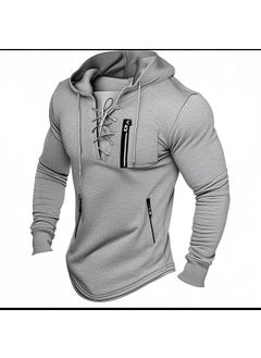 Generic 2024 Mens Spring And Autumn Hooded Solid Color Zipper Pocket Polo Shirt Sport Streetwear Gold-Stamped Fashion Casual Wear Light gray 