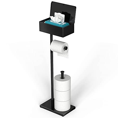 CISILY Black Toilet Paper Holder Stand with Storage Shelf  Free Standing Toilet Paper Roll Holders  Bathroom Toliet Tissue Holder Accessories Essentials