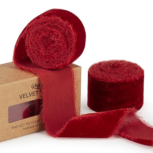Keypan Red Velvet Ribbon for Christmas Tree  1 12 inch Wide Handmade Fringe Fabric Ribbons for Gift Wrapping Baby Shower Flower Bouquet