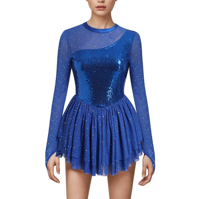 AFAVOM Sequin Figure Skating Dress for Women Girls Long Sleeve Mesh Rhinestone Ice Skating Dress Asymmetrical Chiffon Skirt Shiny Ballet Lyrical Costume for Competition Performance Royal Blue XS - Image 2