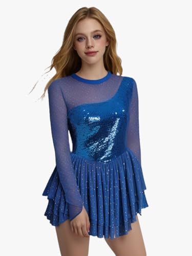 AFAVOM Sequin Figure Skating Dress for Women Girls Long Sleeve Mesh Rhinestone Ice Skating Dress Asymmetrical Chiffon Skirt Shiny Ballet Lyrical Costume for Competition Performance Royal Blue XS - Image 3