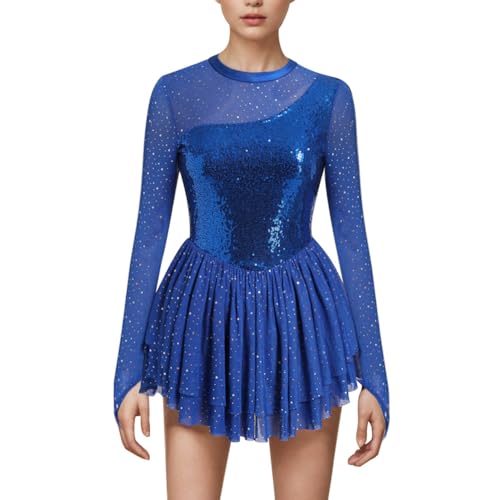 AFAVOM Sequin Figure Skating Dress for Women Girls Long Sleeve Mesh Rhinestone Ice Skating Dress Asymmetrical Chiffon Skirt Shiny Ballet Lyrical Costume for Competition Performance Royal Blue XS - Image 1