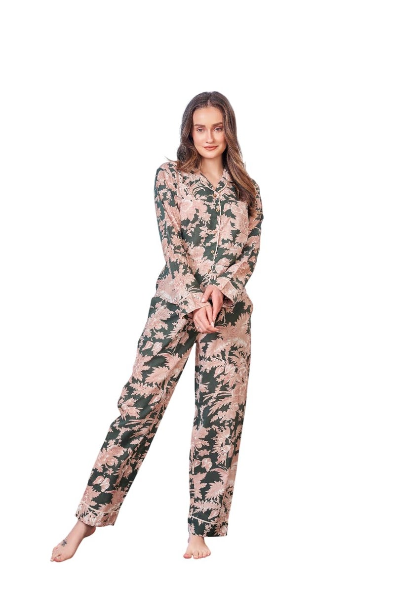 SAY Women Night Suits Pajama Sets, Pure Cotton, Floral Printed, Olive Color, Long Sleeve, Night Suit for Women, Sleep Suit - Image 1