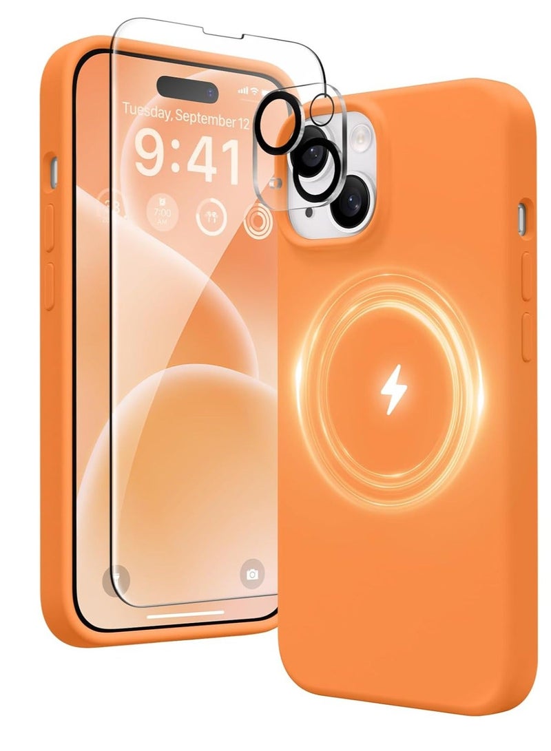 MUNTAQI 5-in-1 iPhone 15 Case – MagSafe-Compatible, Slim Orange Silicone with 2x Screen Protectors and Camera Lens Protectors (6.1") - Image 1
