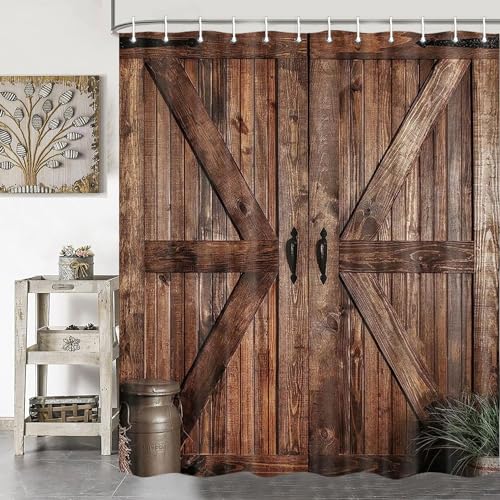 Jipusai Rustic Barn Door Shower Curtain for Bathroom Retro Countryside Wood Board Bathroom Decor Curtain SetsArt Vintage Extra Long Famhouse Western Bath Curtains RV Bath Curtains with Hooks 72X84INch - Image 1