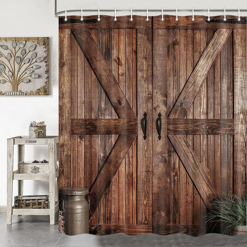 Jipusai Rustic Barn Door Shower Curtain for Bathroom Retro Countryside Wood Board Bathroom Decor Curtain SetsArt Vintage Extra Long Famhouse Western Bath Curtains RV Bath Curtains with Hooks 72X84INch - Image 2