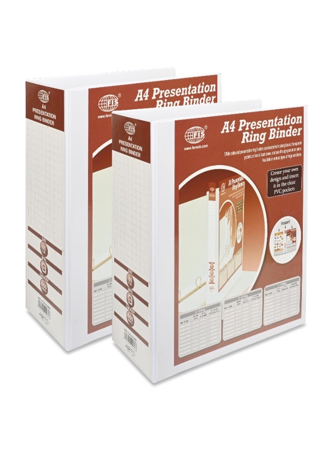 FIS Presentation Binder, A4 Size(210x297mm), 2[D]Ring Type, 65mm Ring Size, 3.75" Inches Spine with Clear PVC Pocket For Easy Insert Your Label Design, Packet of 2 Pieces, White Color-FSBD265DPB/2  - Image 1