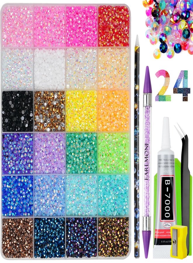 EARLMONI 30000Pcs Nail Art Rhinestones, EARLMONI 24 Colors 3mm Flatback Rainbow Gems Resin Jelly Rhinestones Bedazzling Kit + 15ML Jewelry Glue Nail Rhinestone Picker Tool for DIY Crafts Clothes Shoes Nail Art - Image 1