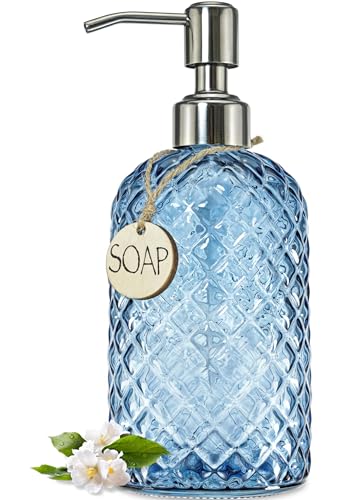 JASAI 18Oz Gem Patterned Glass Soap Dispenser for Kitchen Refillable Hand soap Dispenser with Rust Proof Stainless Steel Pump Clear Soap Dispenser Bathroom for Dish Soap Hand soap LotionBlue