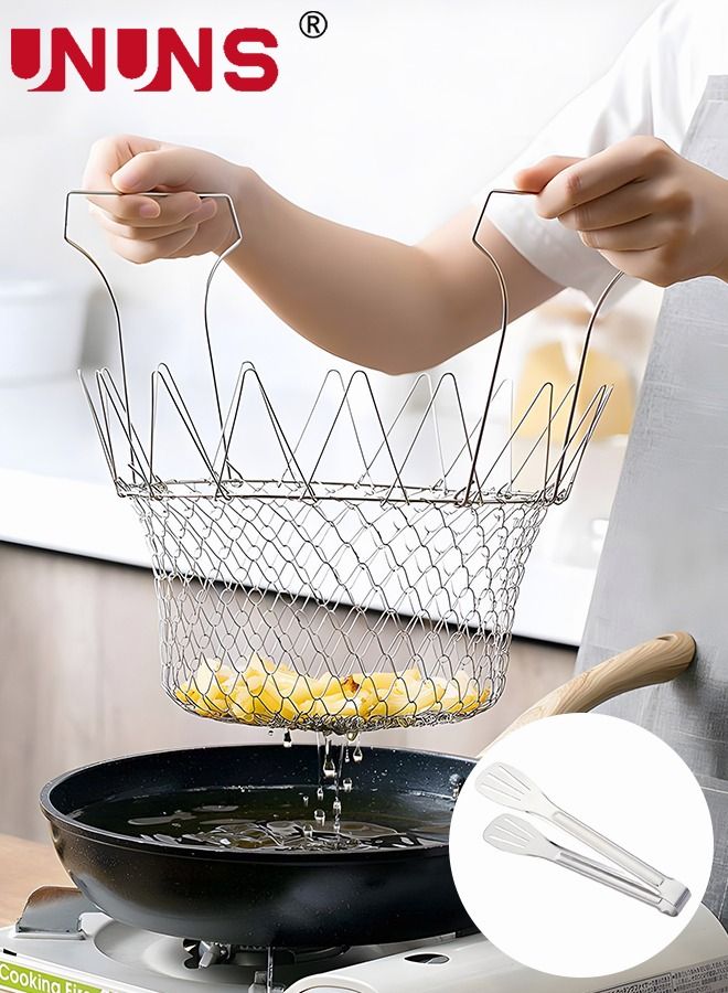 UNUNS Foldable Fry Basket with Clip - 304 Stainless Steel - Multi-Function Cooking Tool Cooking Basket, Flexible Kitchen Tool for Fried Food, Washing Fruits, Vegetables - Image 1