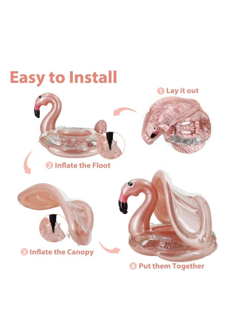 MIXDE flamingo Baby Swimming Pool Float with Canopy, Glitters Seat & Safety Handle, Baby Floats for Pool, Inflatable Baby floaties for Kids Boys Girls Family Summer Outdoor Party Favor  - Image 3