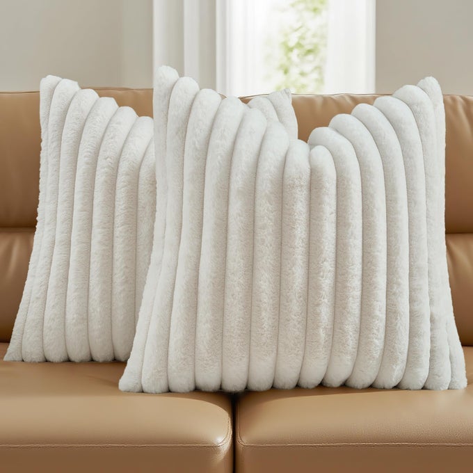 CREAM THROW PILLOW COVERS SET OF 2 22X22 INCH SOFT FAUX RABBIT FUR STRIPED TEXTURE CUSHION CASES MODERN DECORATIVE COUCH PILLOWS FOR LIVING ROOM BED