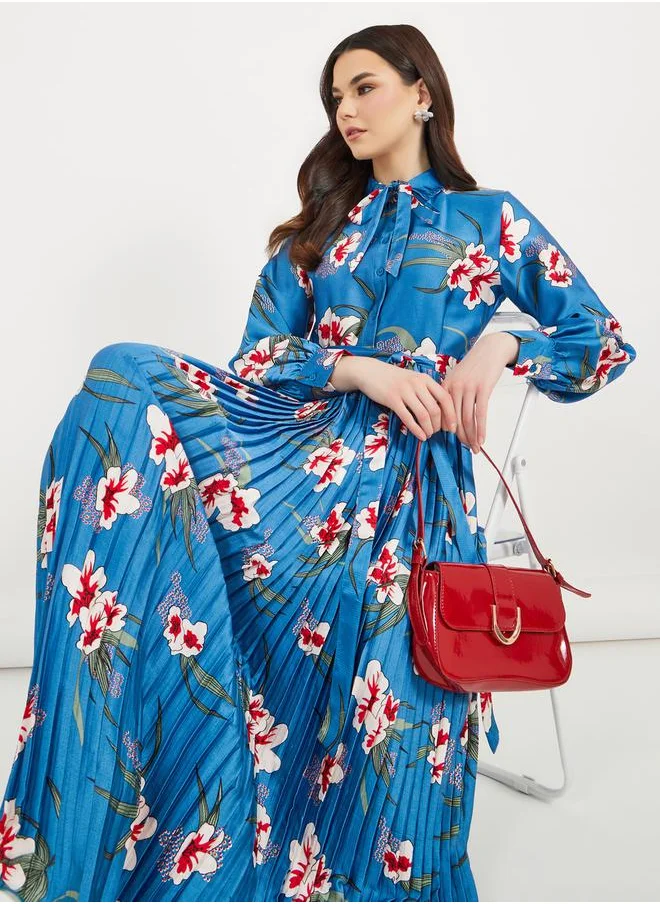 Styli All-Over Floral Print Pleated A-Line Maxi Dress