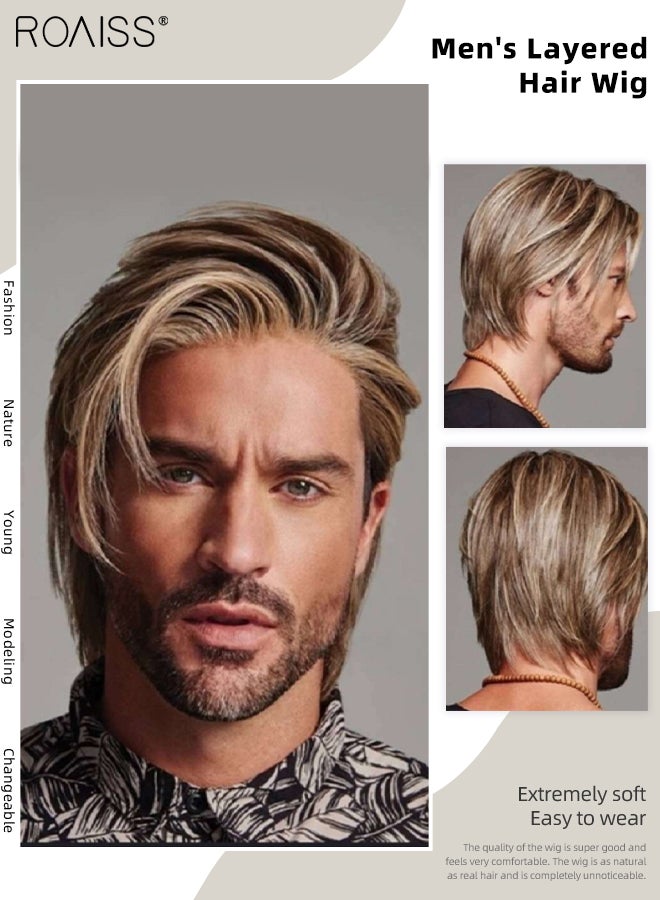 رويس شعر مستعار للرجال ذو طبقات، شعر مستعار قصير مستقيم من الألياف الاصطناعية الطبيعية المقاومة للحرارة يسمح بمرور الهواء للرجال للارتداء اليومي، والحفلات، والتنكرية، بني أشقر، 8 سم (3 بوصات) - Image 1