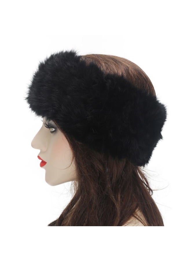 ZLYC Women Rabbit Fur Headband Cold Weather Hair Band Stretchy Winter Earwarmer Earmuffs (Solid Black) - Image 4