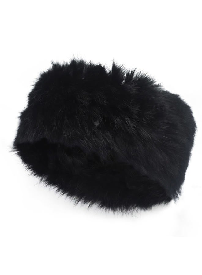 ZLYC Women Rabbit Fur Headband Cold Weather Hair Band Stretchy Winter Earwarmer Earmuffs (Solid Black) - Image 1