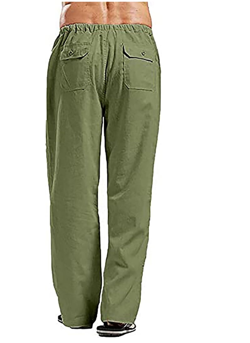 Generic - Men's Cotton Linen Pants Loose Fit Casual Yoga Pants Drawstring Elastic Waist Straight Legs Pants - Image 1
