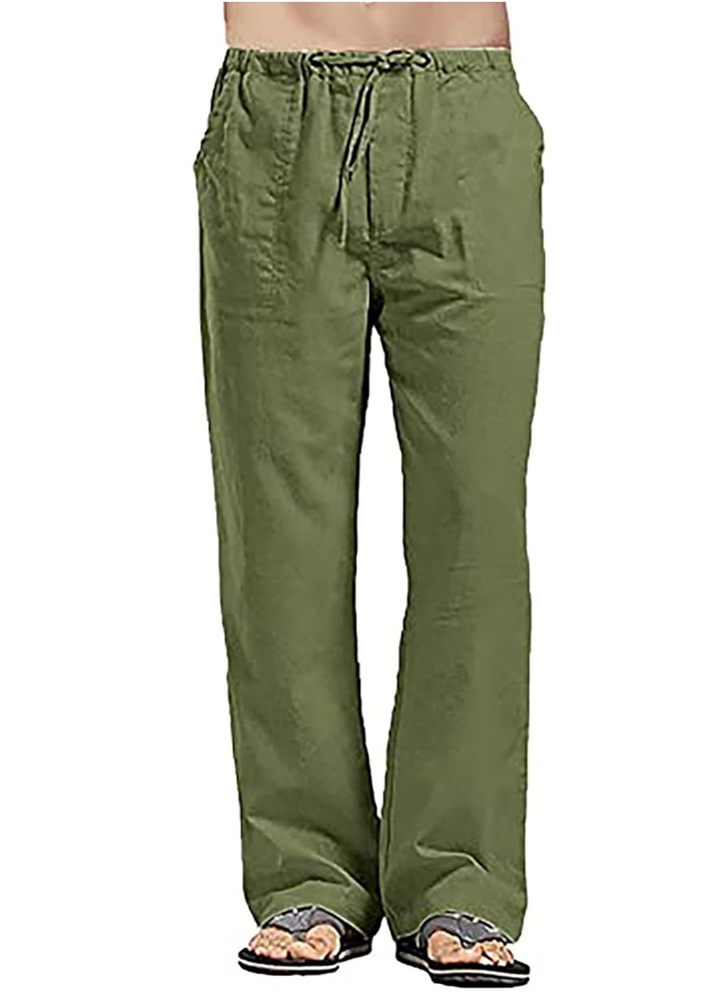Generic - Men's Cotton Linen Pants Loose Fit Casual Yoga Pants Drawstring Elastic Waist Straight Legs Pants - Image 1