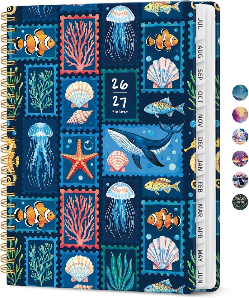 Taja Planner 2026–2027 Academic Book, Weekly and Monthly Layout, July 2026 to June 2027, Hardcover Agenda with Tabs, School and Office Supplies, A5 Size 6.3" x 8.5" - Ocean Stamps - Image 1