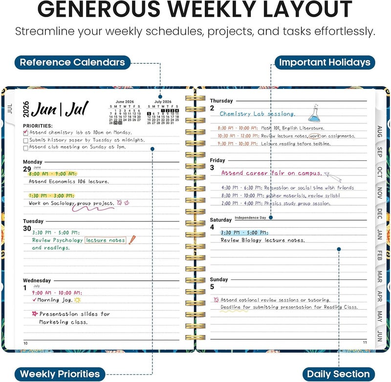 Taja Planner 2026–2027 Academic Book, Weekly and Monthly Layout, July 2026 to June 2027, Hardcover Agenda with Tabs, School and Office Supplies, A5 Size 6.3" x 8.5" - Ocean Stamps - Image 3