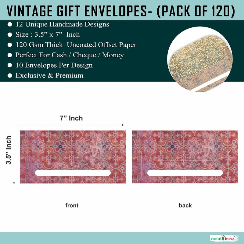 PARTH IMPEX 120 Pack Gift Envelopes for Cash - 3.5" x 7" Vintage Rustic Design - Decorative Fancy Colorful Money Saving Holder Card for Shagun Christmas Birthday Baby Shower Wedding Graduation - Image 2