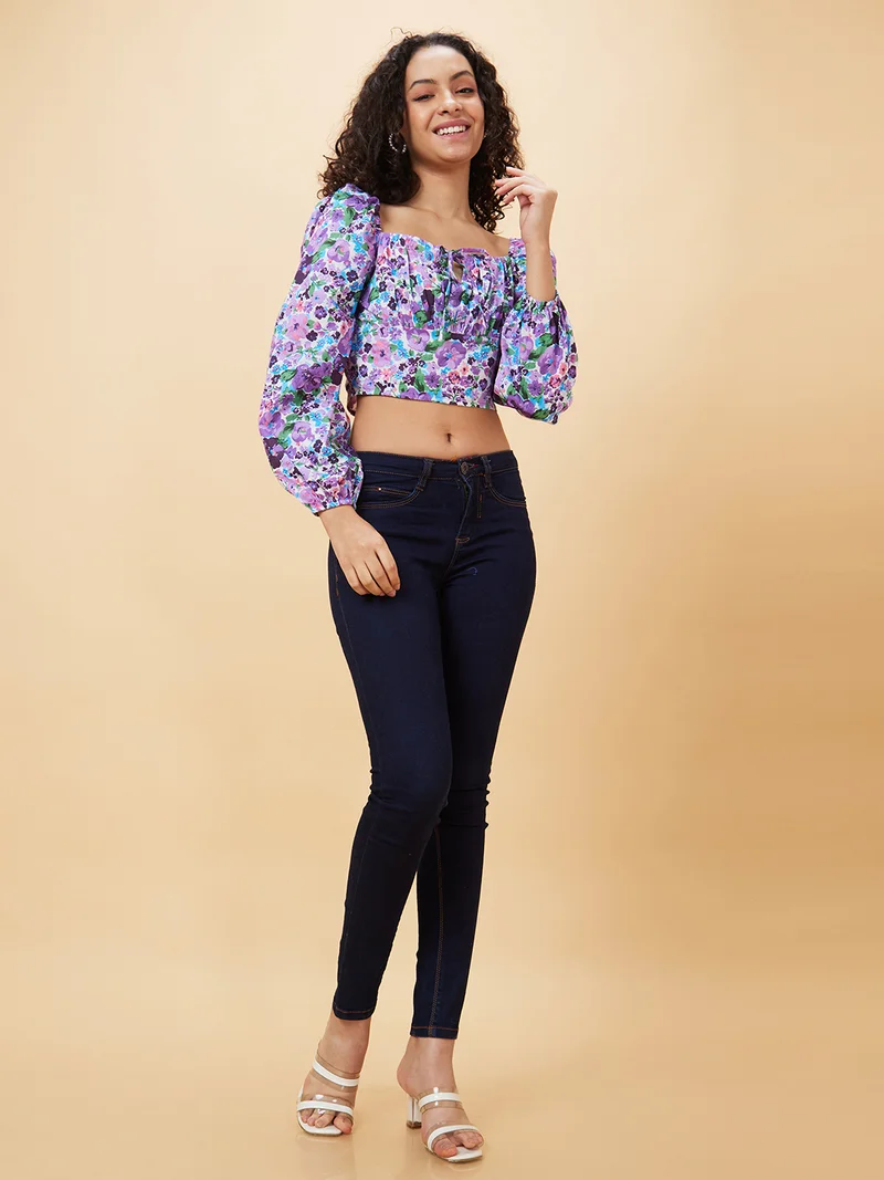 globus Women Lavender Floral Printed Square Neck Gathered Detailed Cotton Crop Top